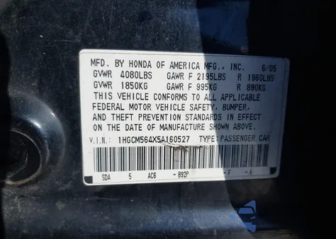 2005 Honda Accord 2.4 Lx z USA, uszkodzony, nr VIN 1HGCM564X5A160527